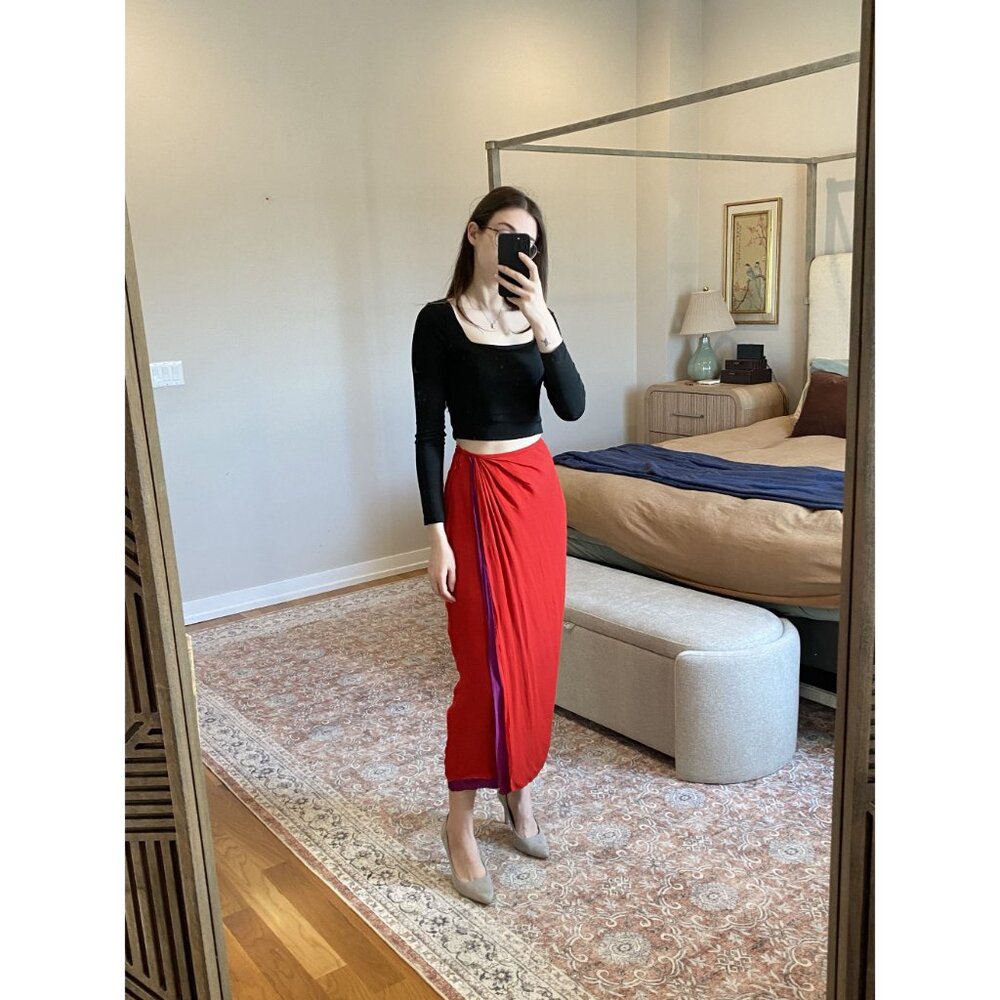 Linda Allard Ellen Tracy Red Purple 100% Silk Skirt Size 10 Vintage - Picture 4 of 8